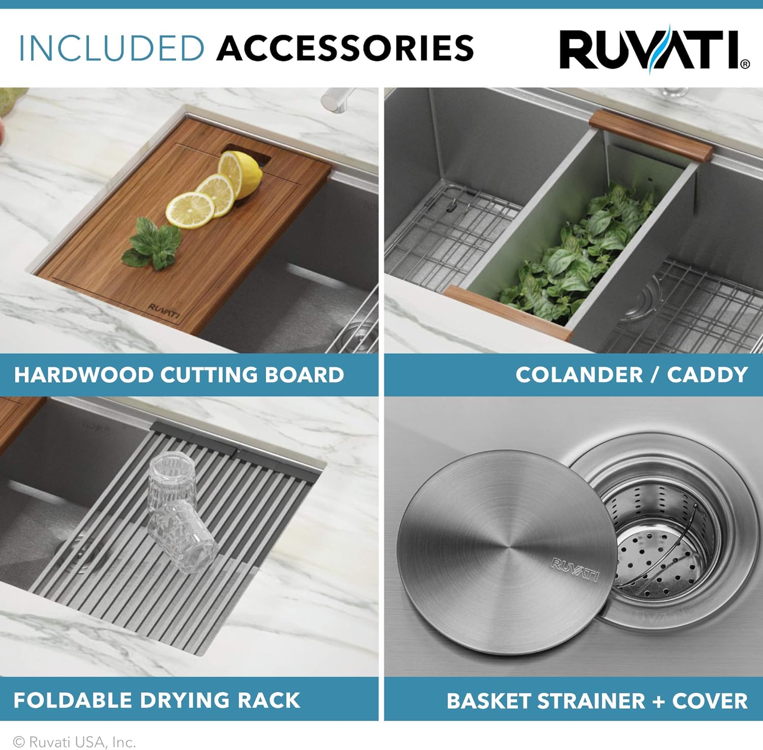 Ruvati 28-inch Undermount 16 Gauge Stainless Steel Workstation Kitchen Sink Single Bowl – Soundproof Multifunction Chef Sink with Cutting Board & Accessories, Brushed Finish Hides Scratches – RVH8309