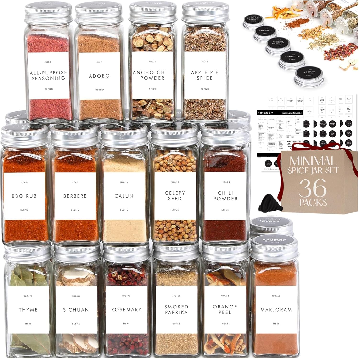 FINESSY Glass Spice Jars with Labels with Metal Lids and Shakers 24 Pack Set, 4oz Small Empty Air Tight Spice Containers with Labels, Clear Seasoning Containers Herb Bottles Kitchen Storage Organizer