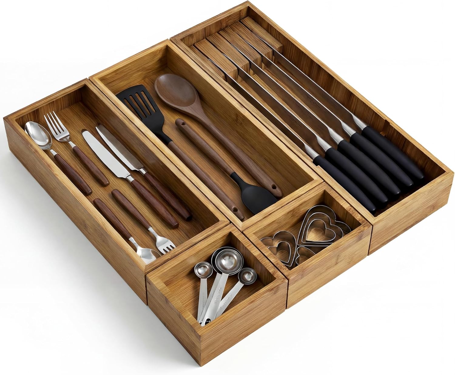KOCWELL Bamboo Silverware Drawer Organizer with Knife Block, 3 Removable Drawer Organizer Bins - Multi-Use for Kitchen Utensils, Office, Makeup, Tools Storage