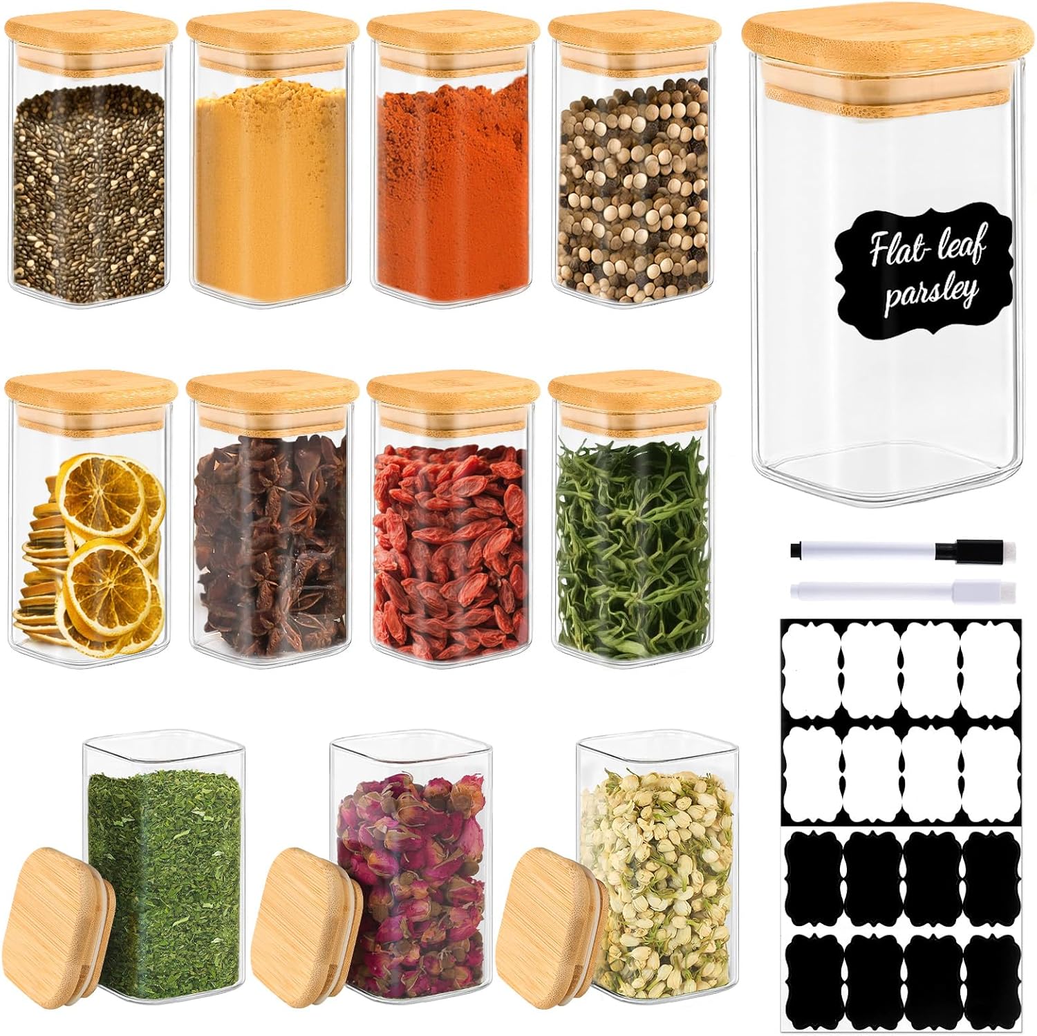 TBWIND 12 Pack 8 oz Square Glass Spice Jars with Lids and Labels – Airtight Small Spice Containers Set, Clear Glass Storage Jars for Seasoning, Spices, Kitchen Pantry Organization