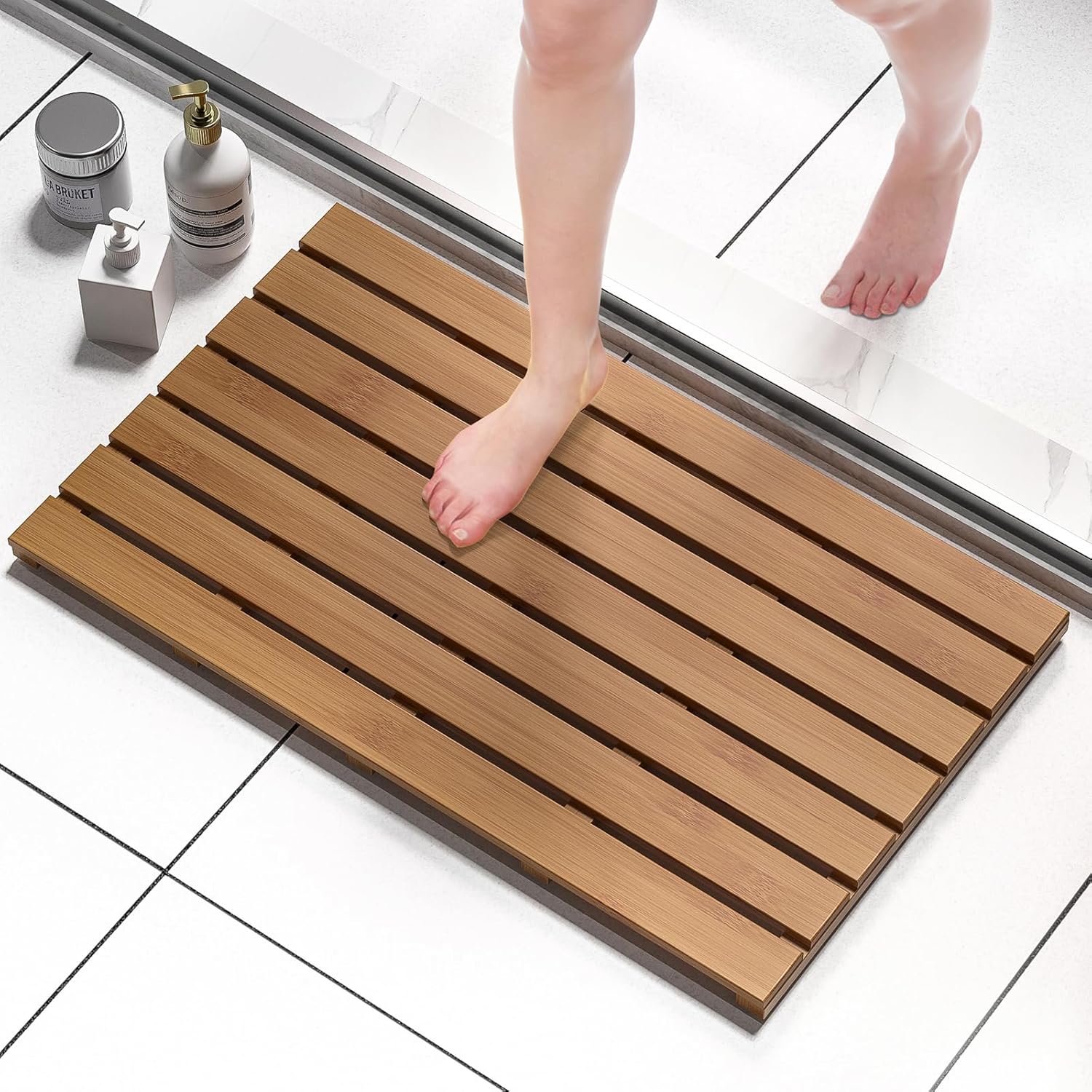 Domax Bamboo Bath Mat - Non Slip Waterproof Wooden Shower Floor Mat for Bathroom, Sauna, Spa, Outdoor Use (Natural, 21.26 x 14.17 x 1.3 Inch)