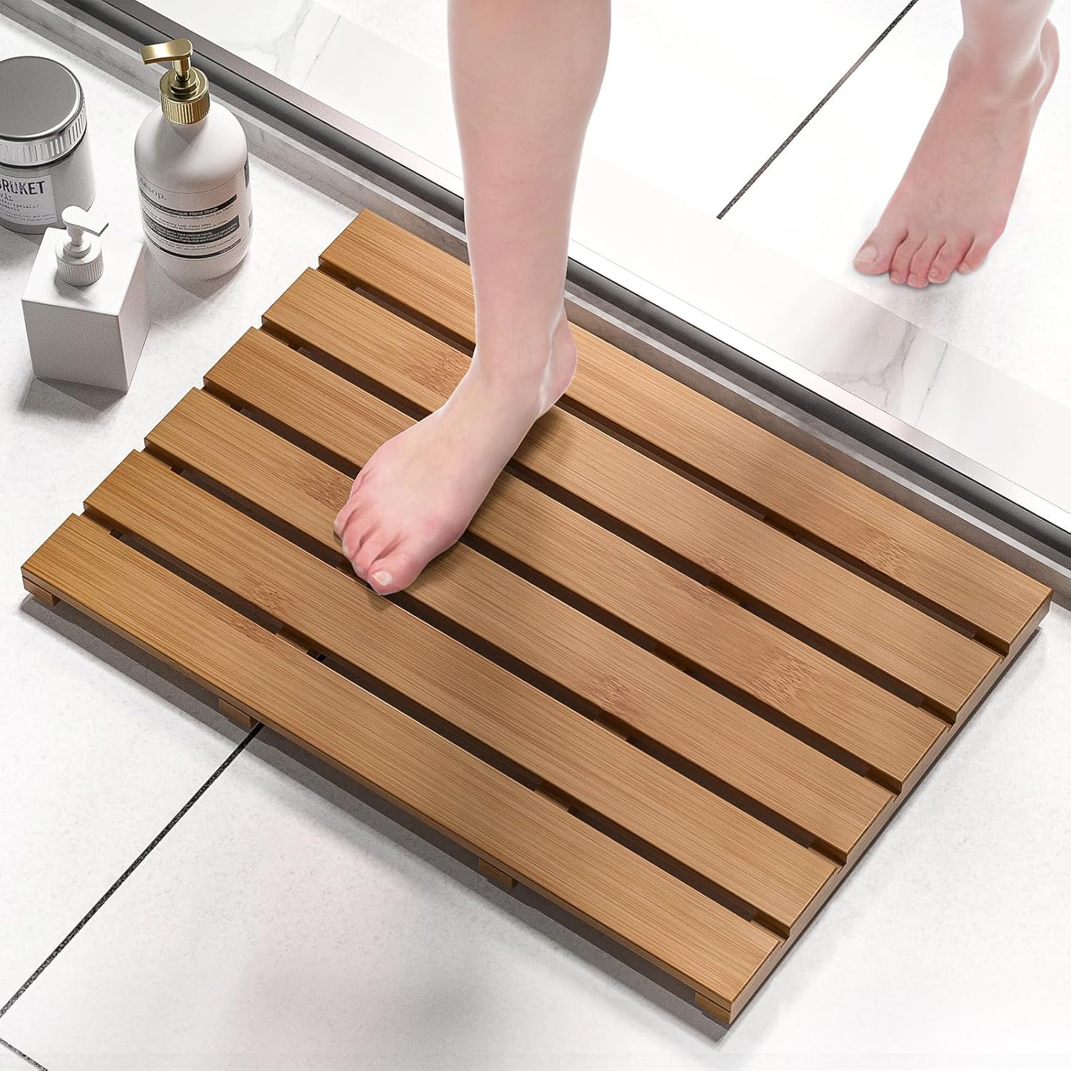 Domax Bamboo Bath Mat - Non Slip Waterproof Wooden Shower Floor Mat for Bathroom, Sauna, Spa, Outdoor Use (Natural, 21.26 x 14.17 x 1.3 Inch)
