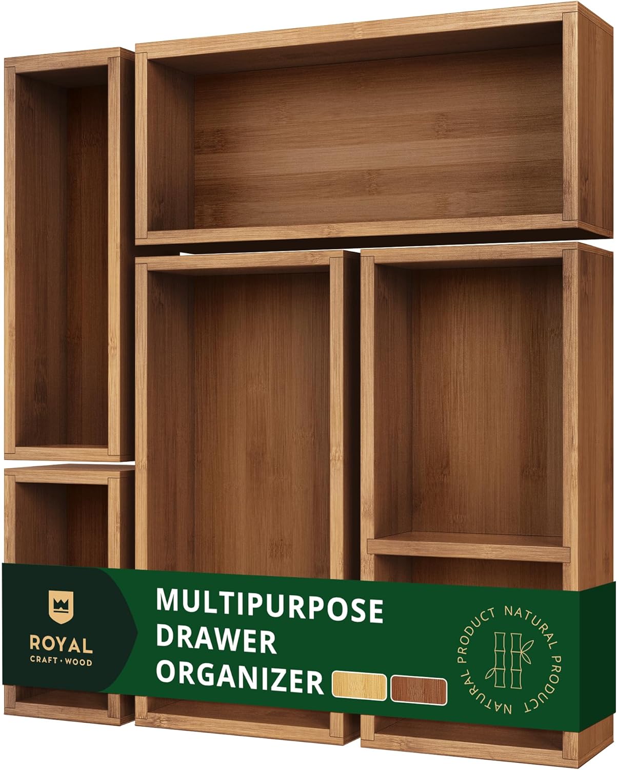ROYAL CRAFT WOOD 5-Piece Bamboo Drawer Organizer Set – Multi-Use Storage Trays for Kitchen, Bathroom, Office, Makeup, Jewelry & More – Junk Drawer Tray, Utensil Holder, Storage Box & Bin Set (5 Boxes)