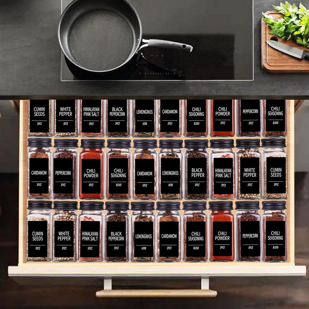 Churboro 25 Spice Jars with 547 Labels- Glass Spice Jars with Black Metal Caps, 4oz Empty Spice Containers with Shaker Lids, Funnel, Chalk Pen, Square Seasoning Bottles for Spice Rack, Drawer, Cabinet