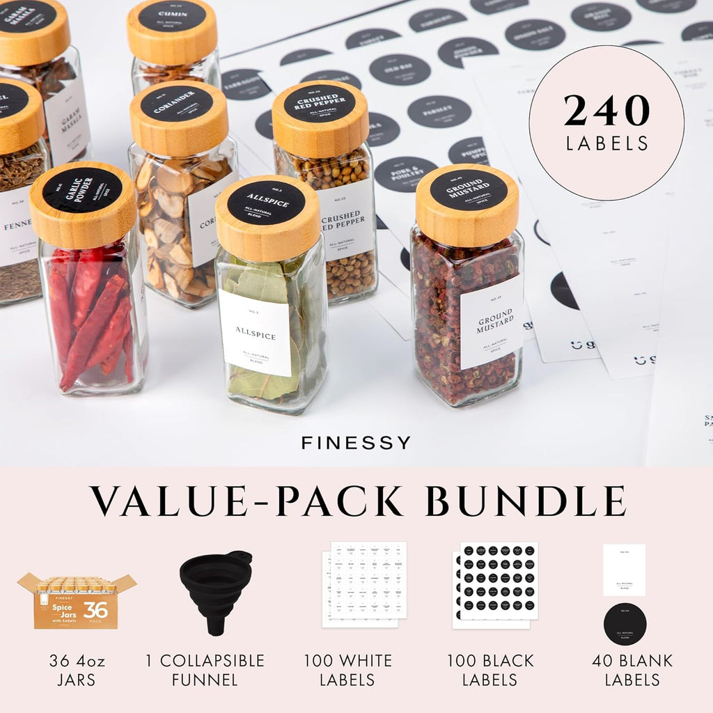 FINESSY Glass Spice Jars with Label with Bamboo Lids 36 Pack Set, 4oz Empty Clear Glass Spice Bottles with Shaker Lids, Airtight Kitchen Seasoning Organizer Jars, Herb Seasoning Containers with Labels