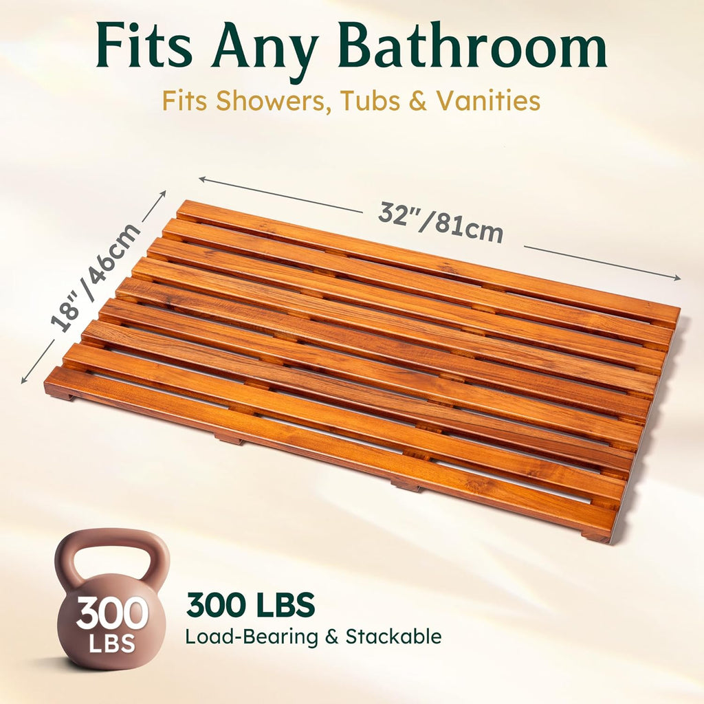 Realgulf Teak Bath Mat 32"x18" Extra Large - Solid Wood Shower Mat for Bathroom, Spa & Outdoor Use - Non-Slip Fast-Drying Design - Natural Teak Wood - Wide Slat Floor Mat for Tub & Pool
