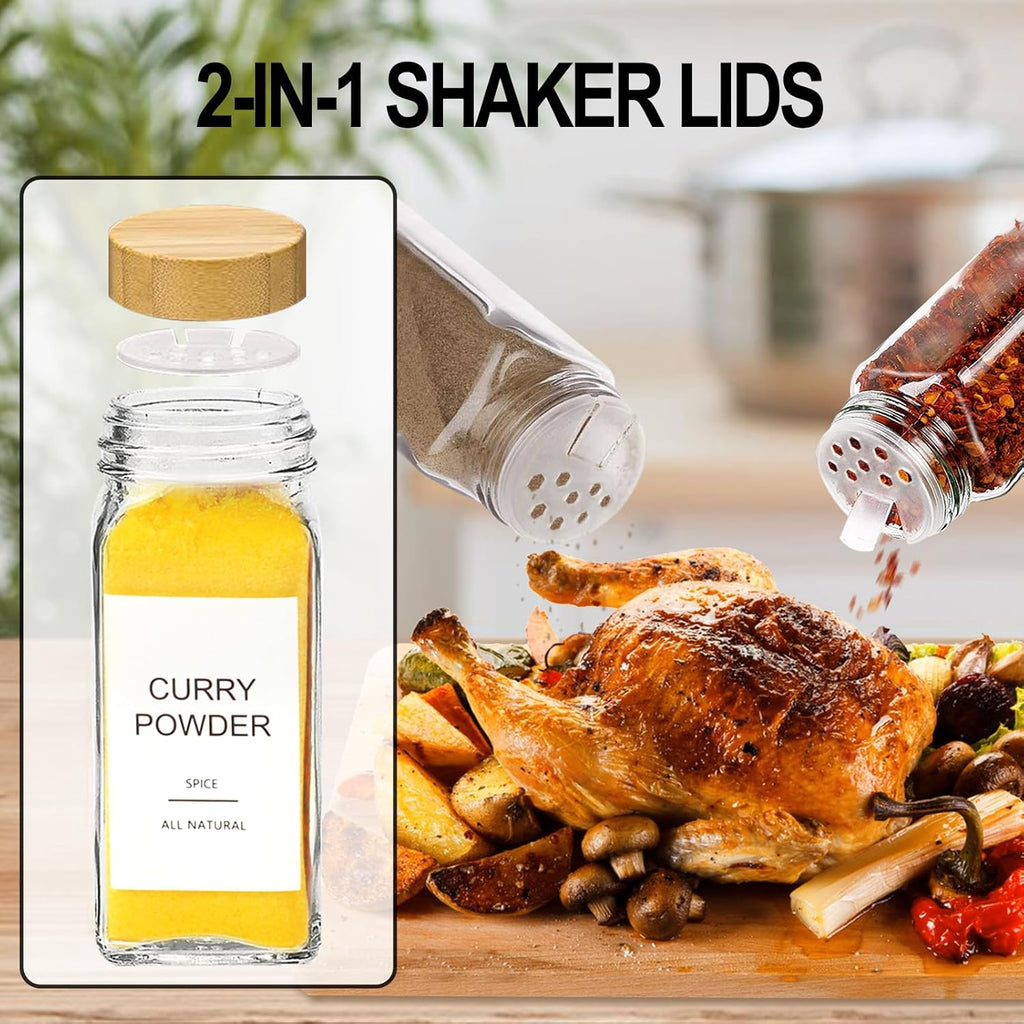 AISIPRIN Glass Spice Jars with 398 Labels, 24 pcs 4oz Spice Containers with Bamboo Lids, Square Spice Bottles With Shaker Lids,Spice Organization for Cabinet,Drawer,Rack,Seasoning Organizer