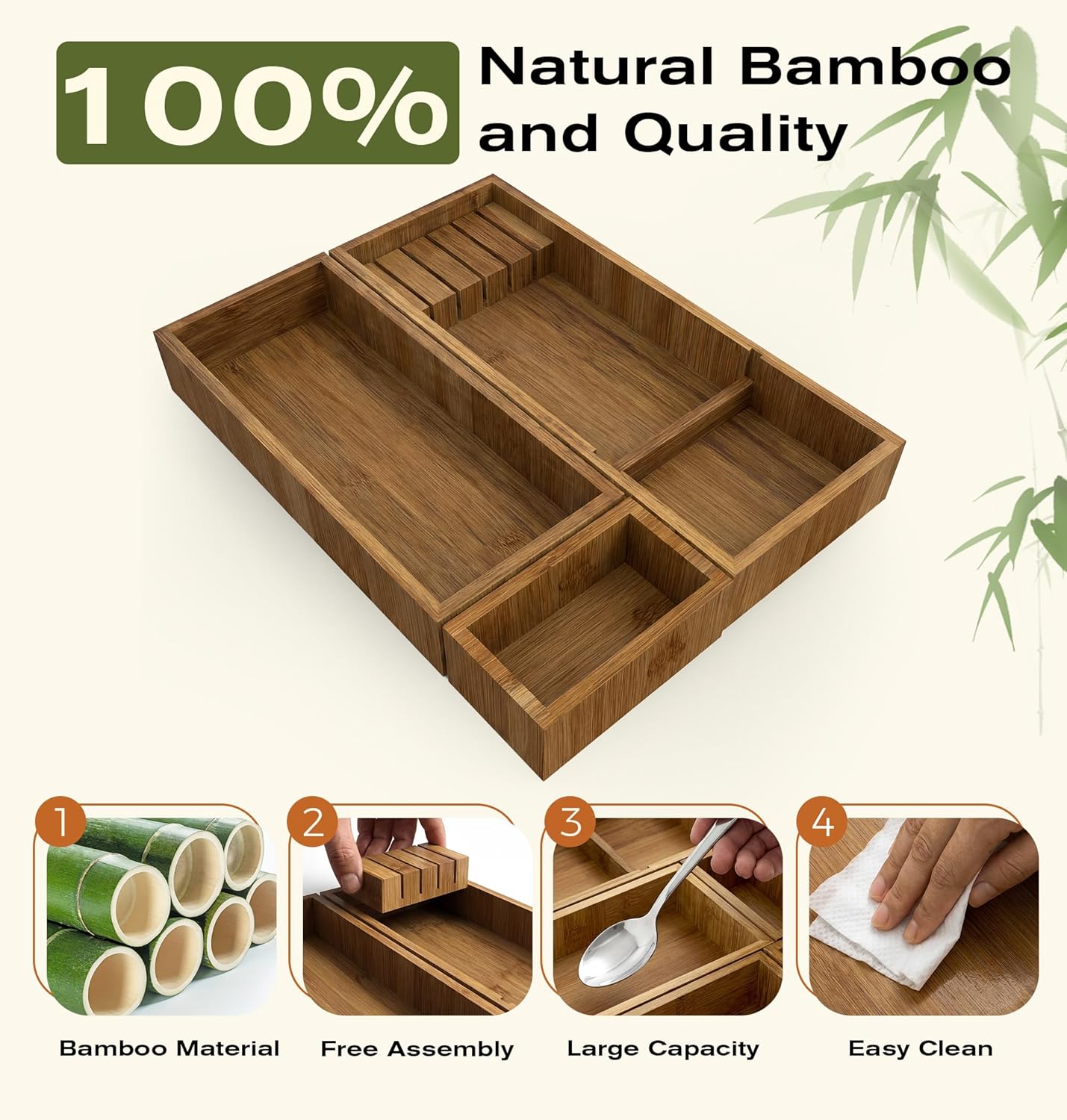 KOCWELL Bamboo Silverware Drawer Organizer with Knife Block, 3 Removable Drawer Organizer Bins - Multi-Use for Kitchen Utensils, Office, Makeup, Tools Storage