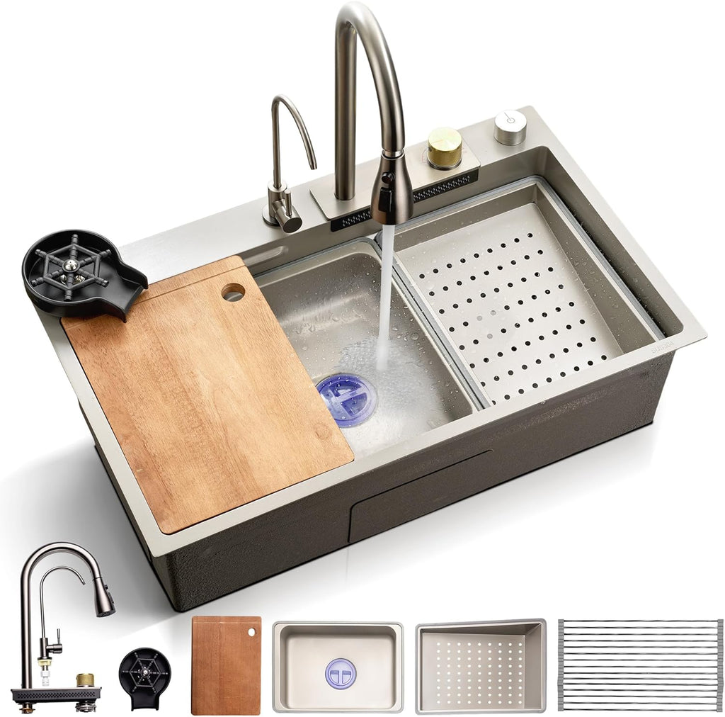 SereneLife Stainless Steel Kitchen Sink | Undermount & Drop-In Installation |13 Gauge & 30"L x 18"W x 9"H IN | Includes Faucet, Drain Rack, Strainer Basket, Cutting Board & Cup Washer | Gray