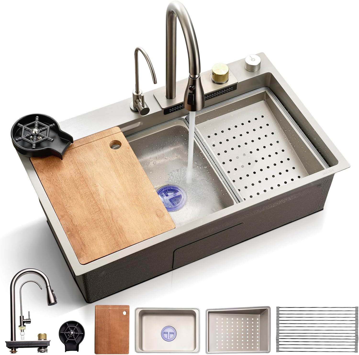 SereneLife Stainless Steel Kitchen Sink | Undermount & Drop-In Installation |13 Gauge & 30"L x 18"W x 9"H IN | Includes Faucet, Drain Rack, Strainer Basket, Cutting Board & Cup Washer | Gray