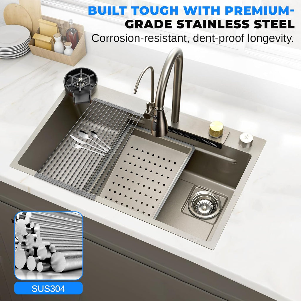 SereneLife Stainless Steel Kitchen Sink | Undermount & Drop-In Installation |13 Gauge & 30"L x 18"W x 9"H IN | Includes Faucet, Drain Rack, Strainer Basket, Cutting Board & Cup Washer | Gray