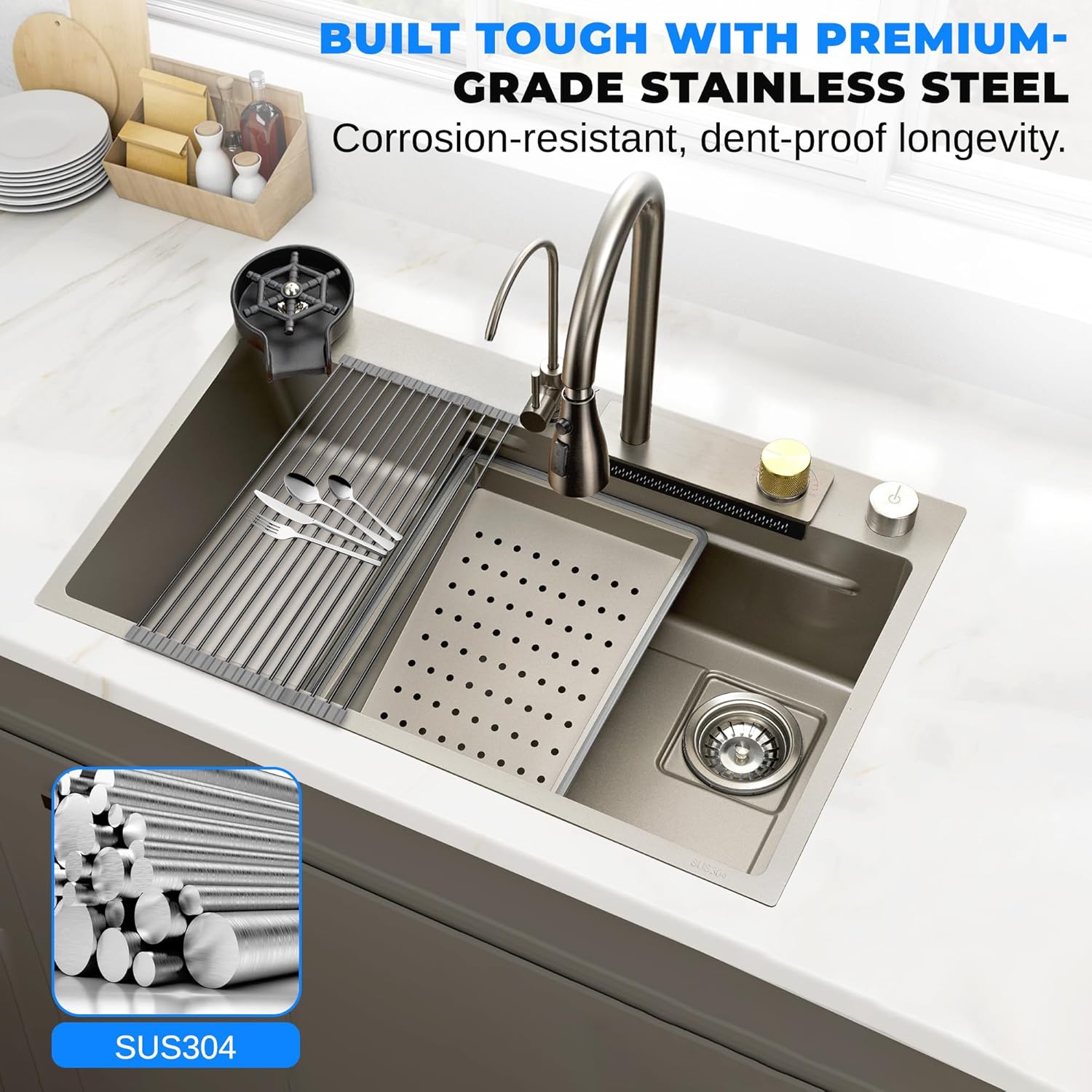 SereneLife Stainless Steel Kitchen Sink | Undermount & Drop-In Installation |13 Gauge & 30"L x 18"W x 9"H IN | Includes Faucet, Drain Rack, Strainer Basket, Cutting Board & Cup Washer | Gray