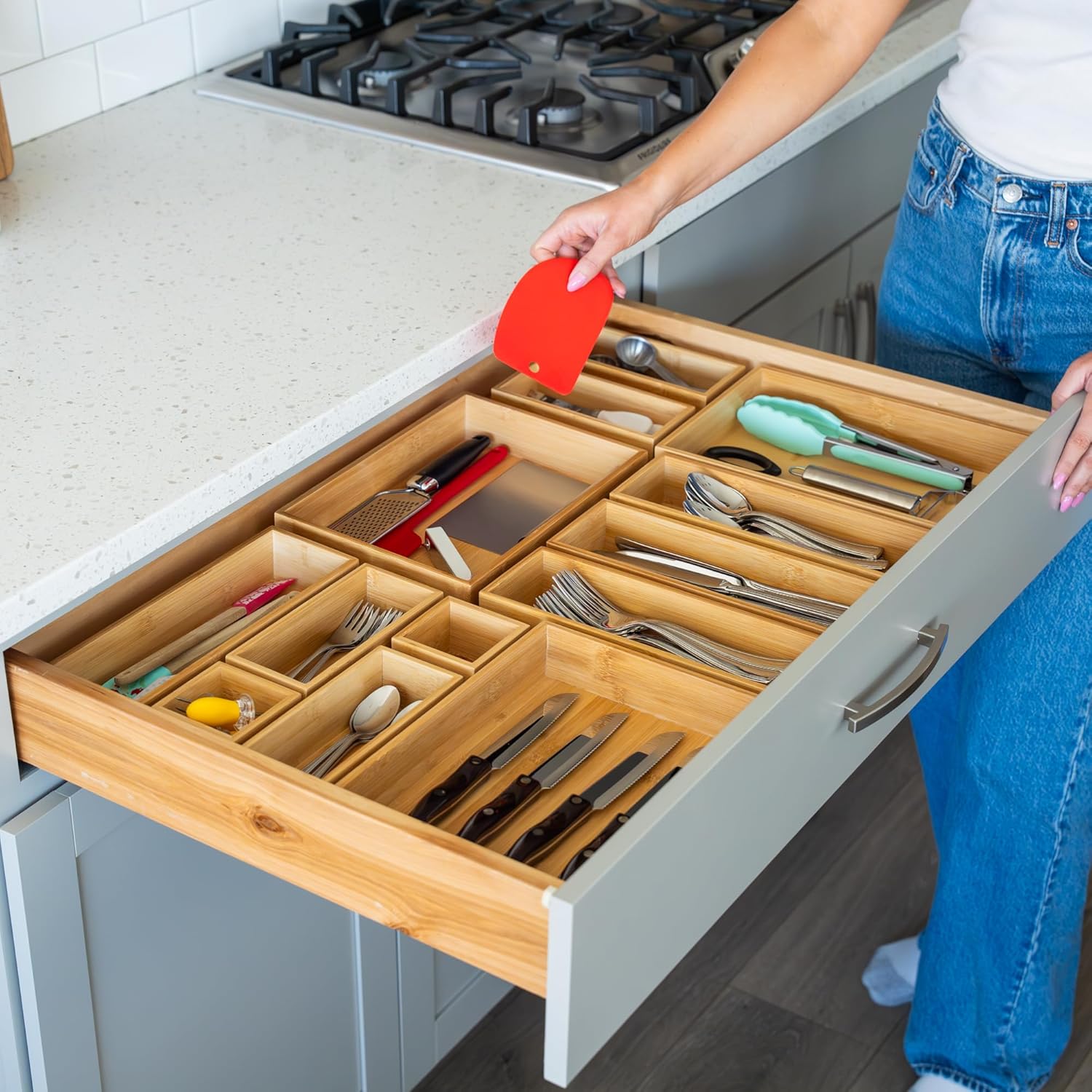 Grow Forward Bamboo Drawer Organizer Boxes - Set of 21 Wooden Drawer Organizers for Kitchen, Bathroom, Office, Desk, Vanity, Makeup - Non-Slip Junk Drawer Organizer Trays for Storage and Organization