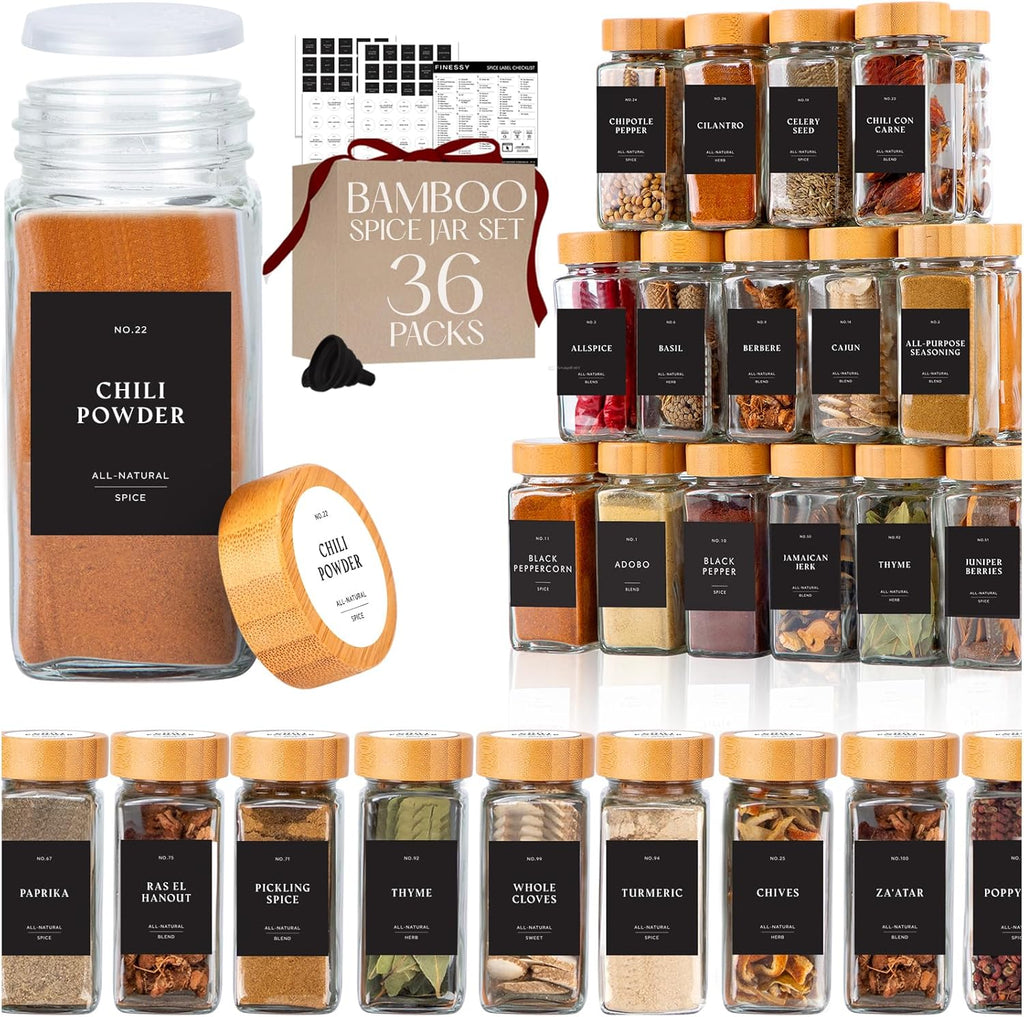 FINESSY Glass Spice Jars with Label with Bamboo Lids 36 Pack Set, 4oz Empty Clear Glass Spice Bottles with Shaker Lids, Airtight Kitchen Seasoning Organizer Jars, Herb Seasoning Containers with Labels