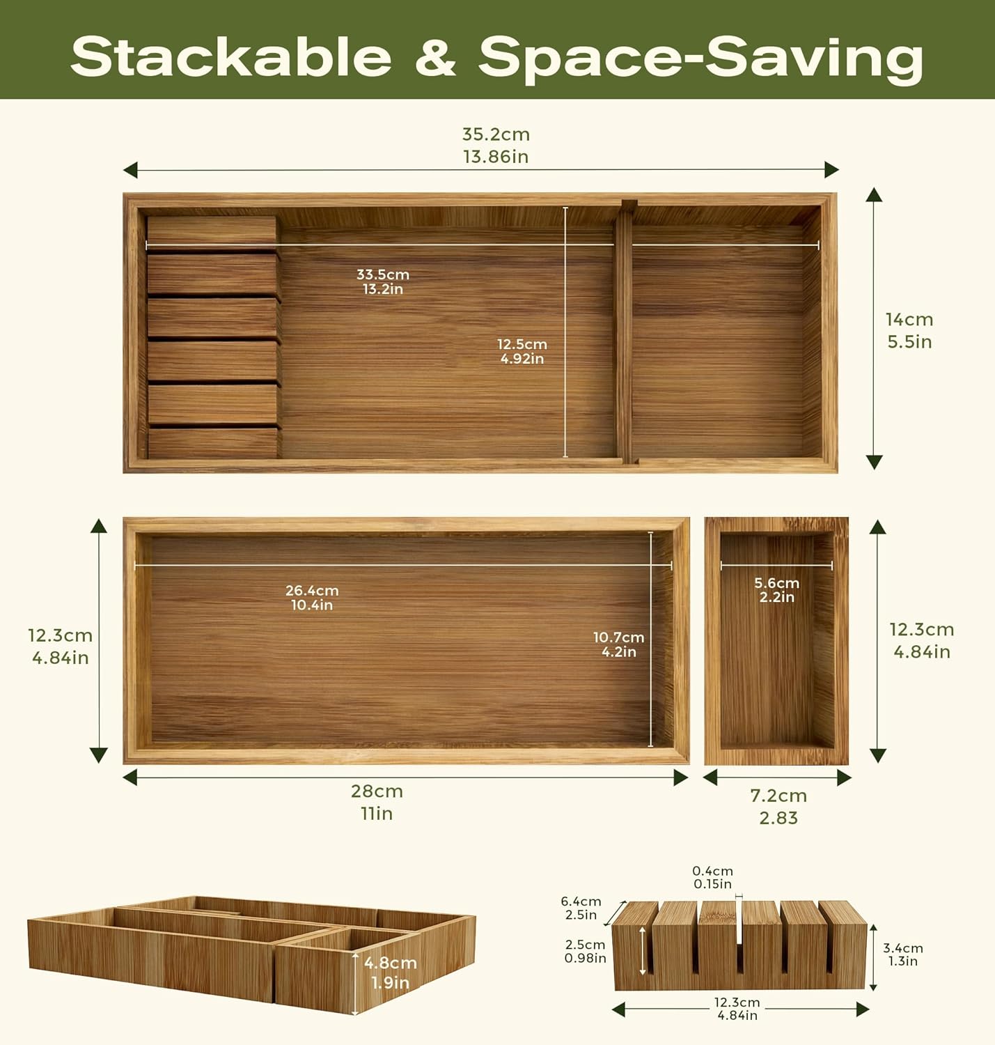 KOCWELL Bamboo Silverware Drawer Organizer with Knife Block, 3 Removable Drawer Organizer Bins - Multi-Use for Kitchen Utensils, Office, Makeup, Tools Storage