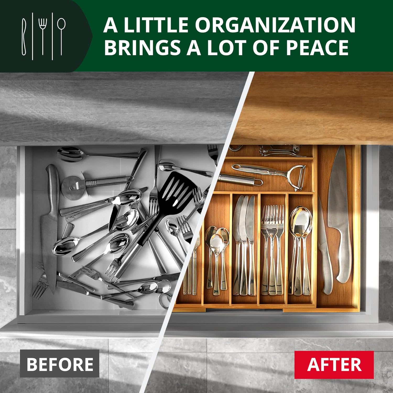 ROYAL CRAFT WOOD Luxury Bamboo Kitchen Drawer Organizer - Silverware Organizer, Utensil Holder & Cutlery Tray Drawer Dividers for Flatware (9 Slot, Natural)