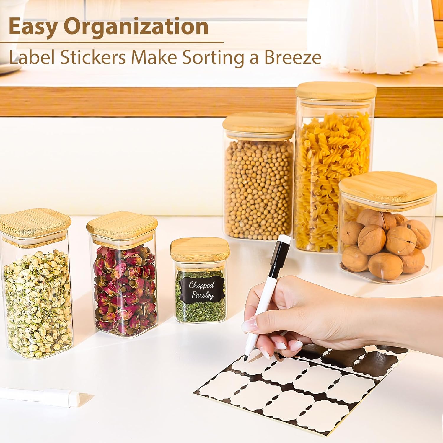 TBWIND 12 Pack 8 oz Square Glass Spice Jars with Lids and Labels – Airtight Small Spice Containers Set, Clear Glass Storage Jars for Seasoning, Spices, Kitchen Pantry Organization