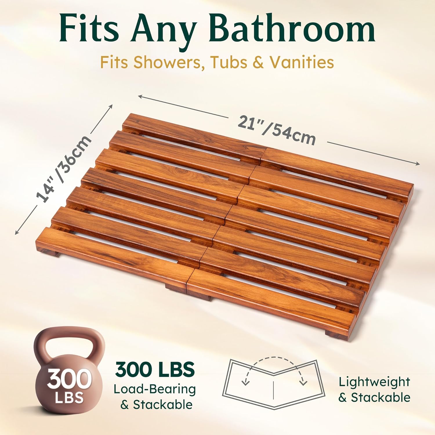 Teak Shower Mat - Premium Non-Slip Bath Mat for Bathtub & Shower, Natural Wooden Bathroom Floor Mat, Spa-Style Fast-Drying Bathtub Tray, Solid Teak Wood (21"x14")
