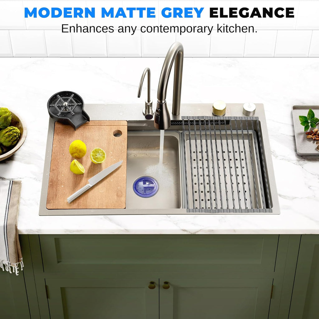 SereneLife Stainless Steel Kitchen Sink | Undermount & Drop-In Installation |13 Gauge & 30"L x 18"W x 9"H IN | Includes Faucet, Drain Rack, Strainer Basket, Cutting Board & Cup Washer | Gray