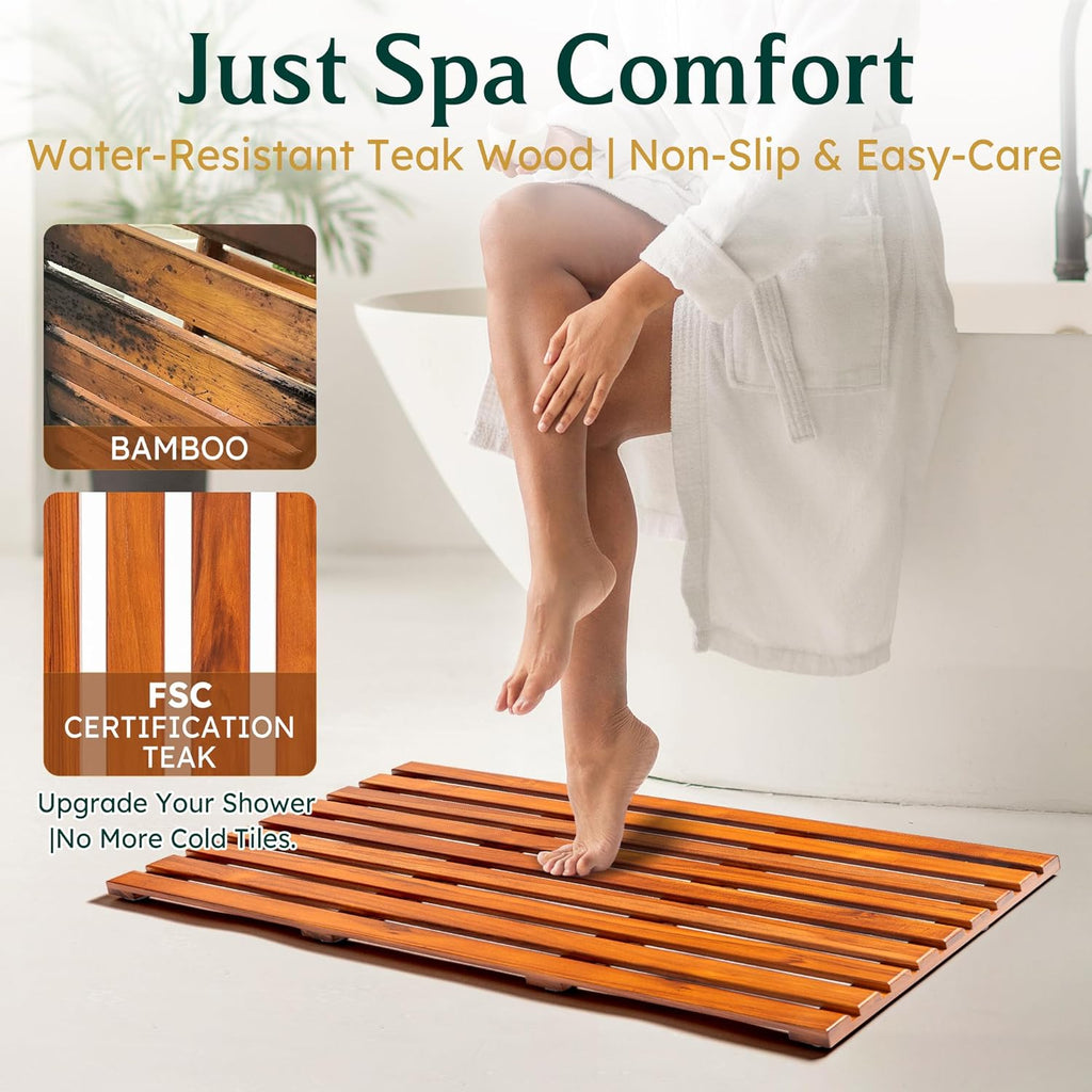 Realgulf Teak Bath Mat 32"x18" Extra Large - Solid Wood Shower Mat for Bathroom, Spa & Outdoor Use - Non-Slip Fast-Drying Design - Natural Teak Wood - Wide Slat Floor Mat for Tub & Pool