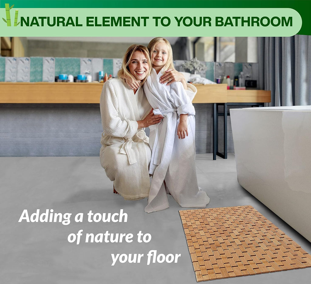 Bamboo Bath Mat for Bathroom - Large, 34 x 18 x 0.4 Inches [LxWxH] Foldable Wood Bathmat, Accessories and Decor for Bathroom Sauna Spa Tub and Door Area - Underlay for Rugs