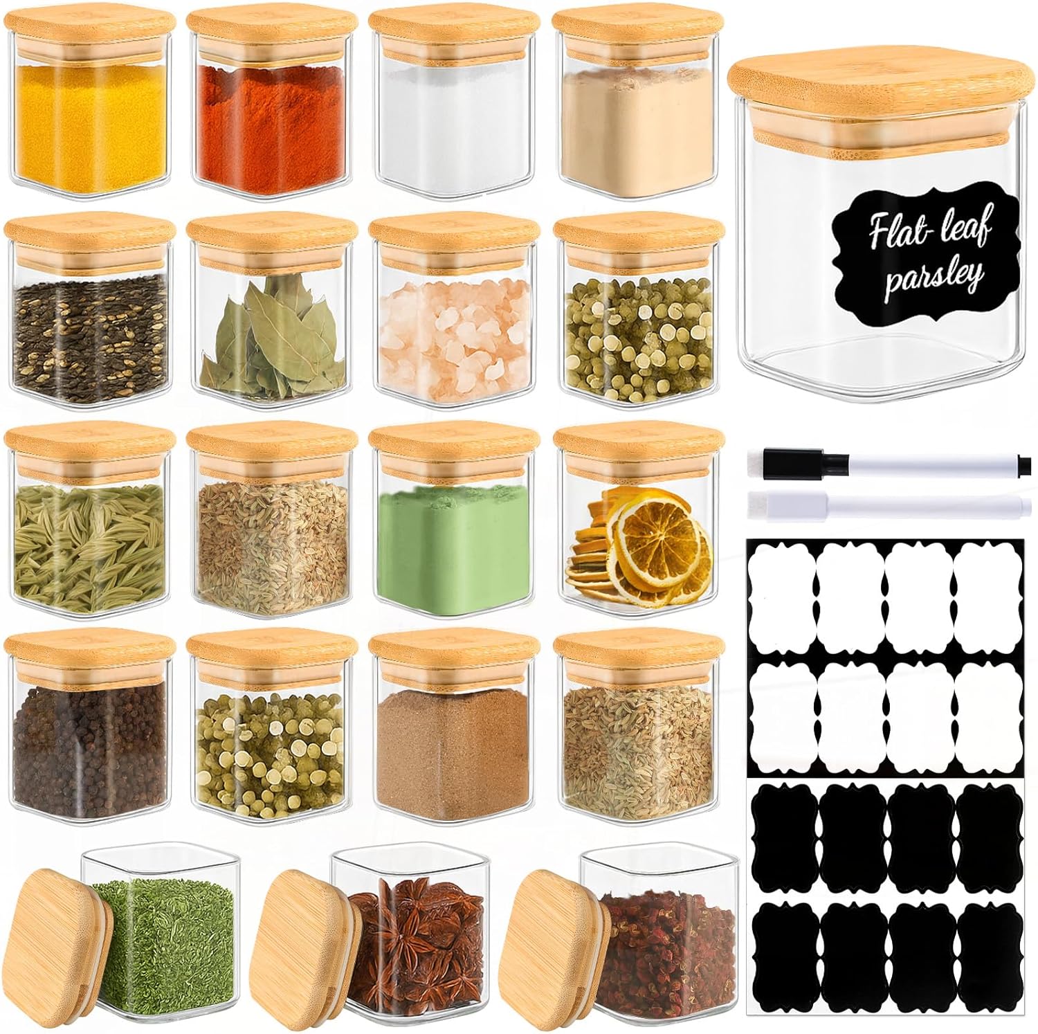 TBWIND 12 Pack 8 oz Square Glass Spice Jars with Lids and Labels – Airtight Small Spice Containers Set, Clear Glass Storage Jars for Seasoning, Spices, Kitchen Pantry Organization