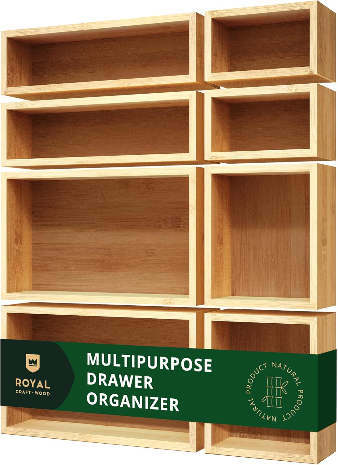 ROYAL CRAFT WOOD 5-Piece Bamboo Drawer Organizer Set – Multi-Use Storage Trays for Kitchen, Bathroom, Office, Makeup, Jewelry & More – Junk Drawer Tray, Utensil Holder, Storage Box & Bin Set (5 Boxes)