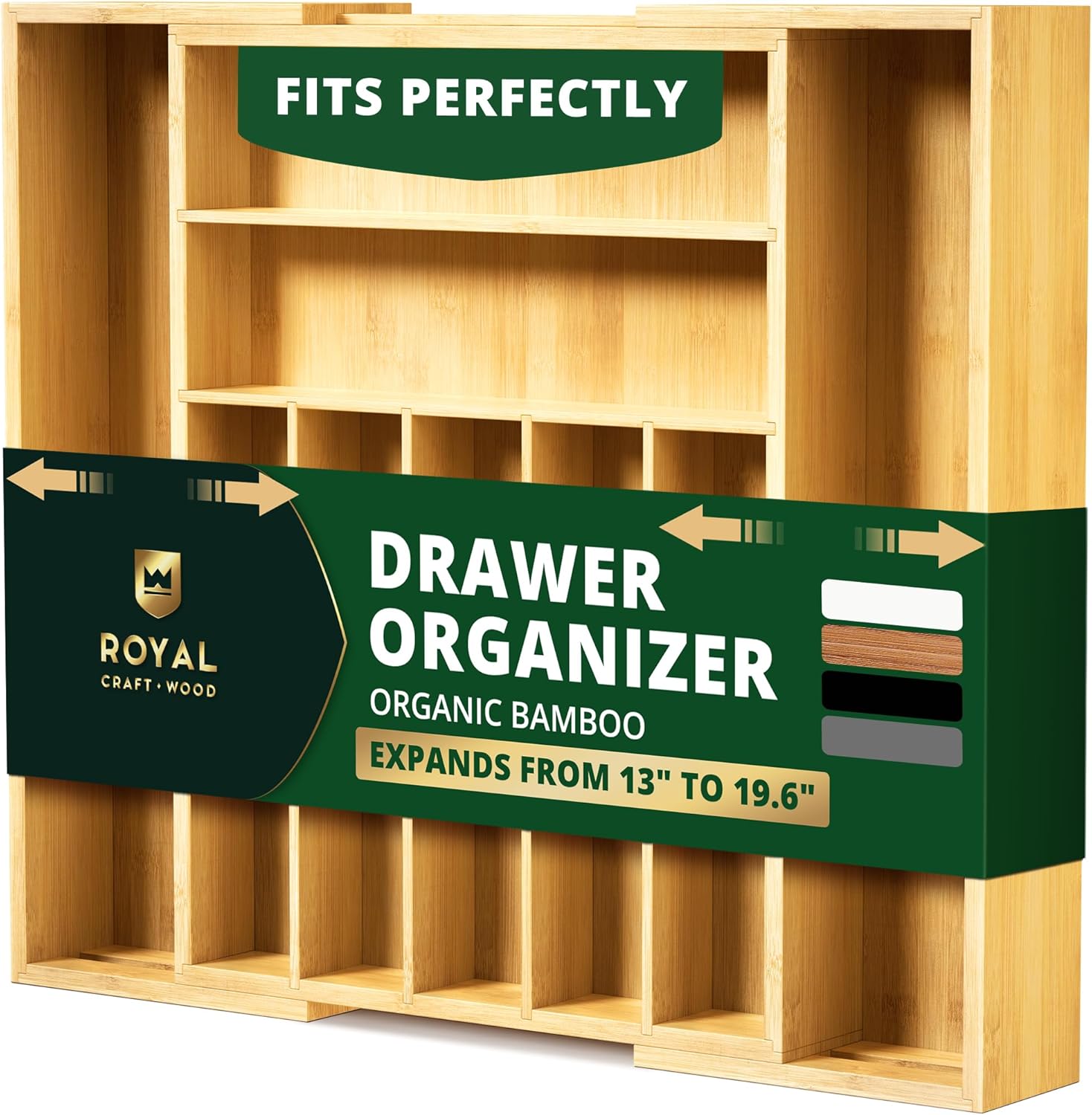 ROYAL CRAFT WOOD Luxury Bamboo Kitchen Drawer Organizer - Silverware Organizer - Utensil Holder and Cutlery Tray with Grooved Drawer Dividers for Flatware and Kitchen Utensils (9 Slot, Black)
