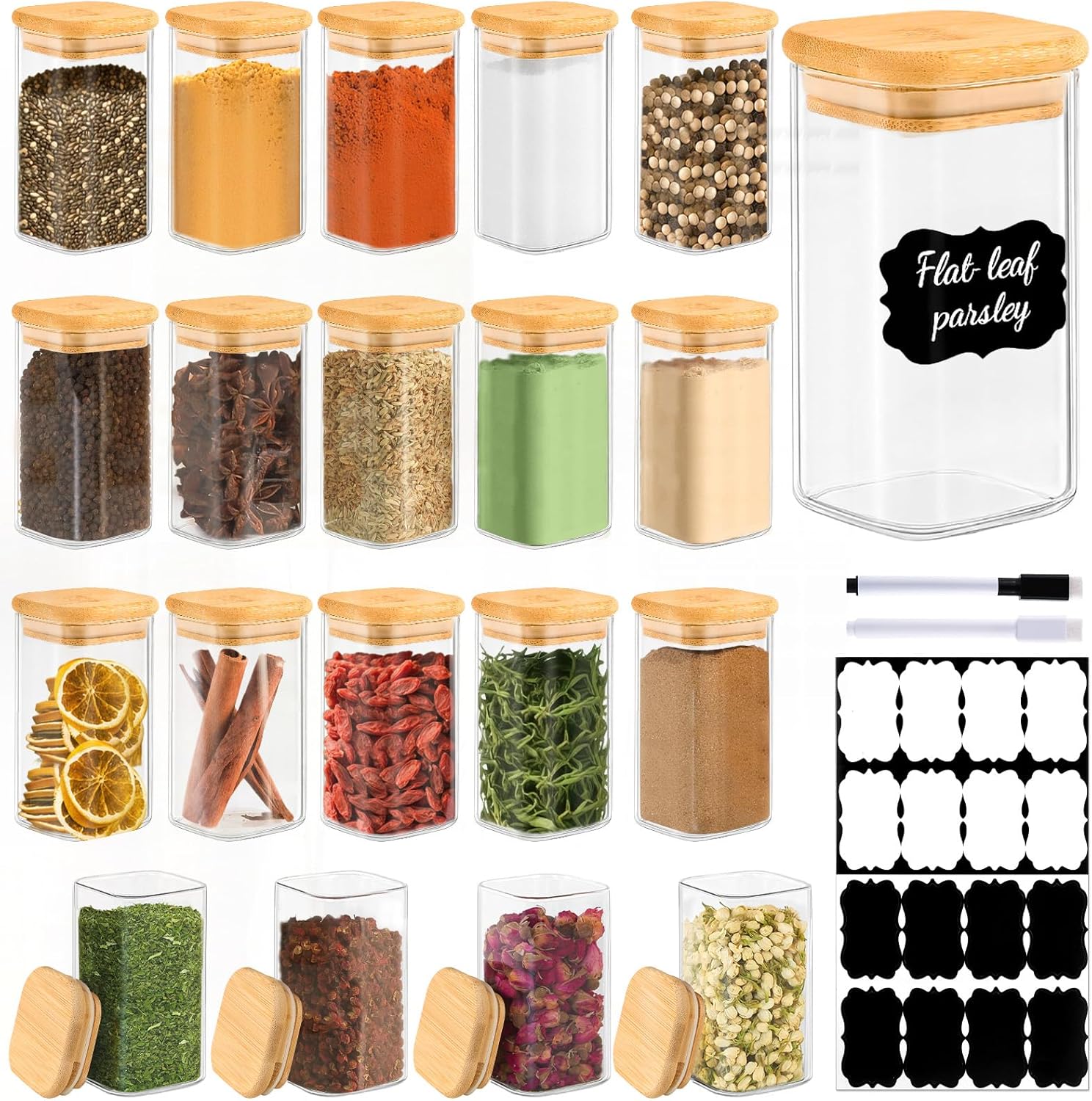 TBWIND 12 Pack 8 oz Square Glass Spice Jars with Lids and Labels – Airtight Small Spice Containers Set, Clear Glass Storage Jars for Seasoning, Spices, Kitchen Pantry Organization