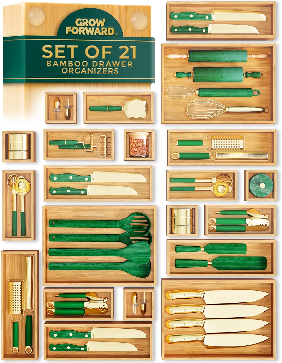 Grow Forward Bamboo Drawer Organizer Boxes - Set of 21 Wooden Drawer Organizers for Kitchen, Bathroom, Office, Desk, Vanity, Makeup - Non-Slip Junk Drawer Organizer Trays for Storage and Organization