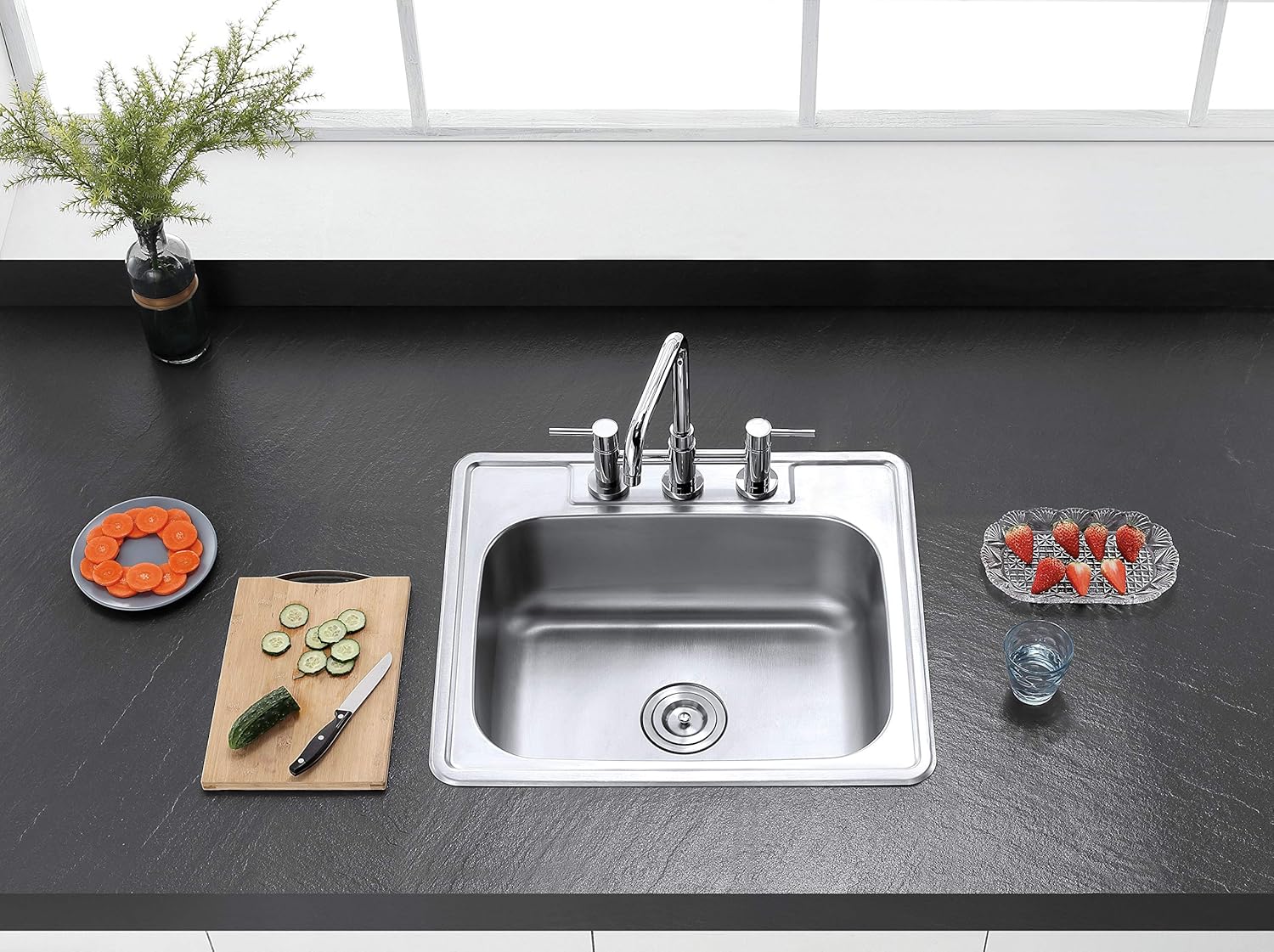 Kingston Brass Gourmetier GKTS2520 Self Rimming Single Bowl Kitchen Sink 3 Holes 25-Inch-Length by 22-Inch-Width by 6-Inch-Depth, 22 Gauge, Brushed Stainless Steel