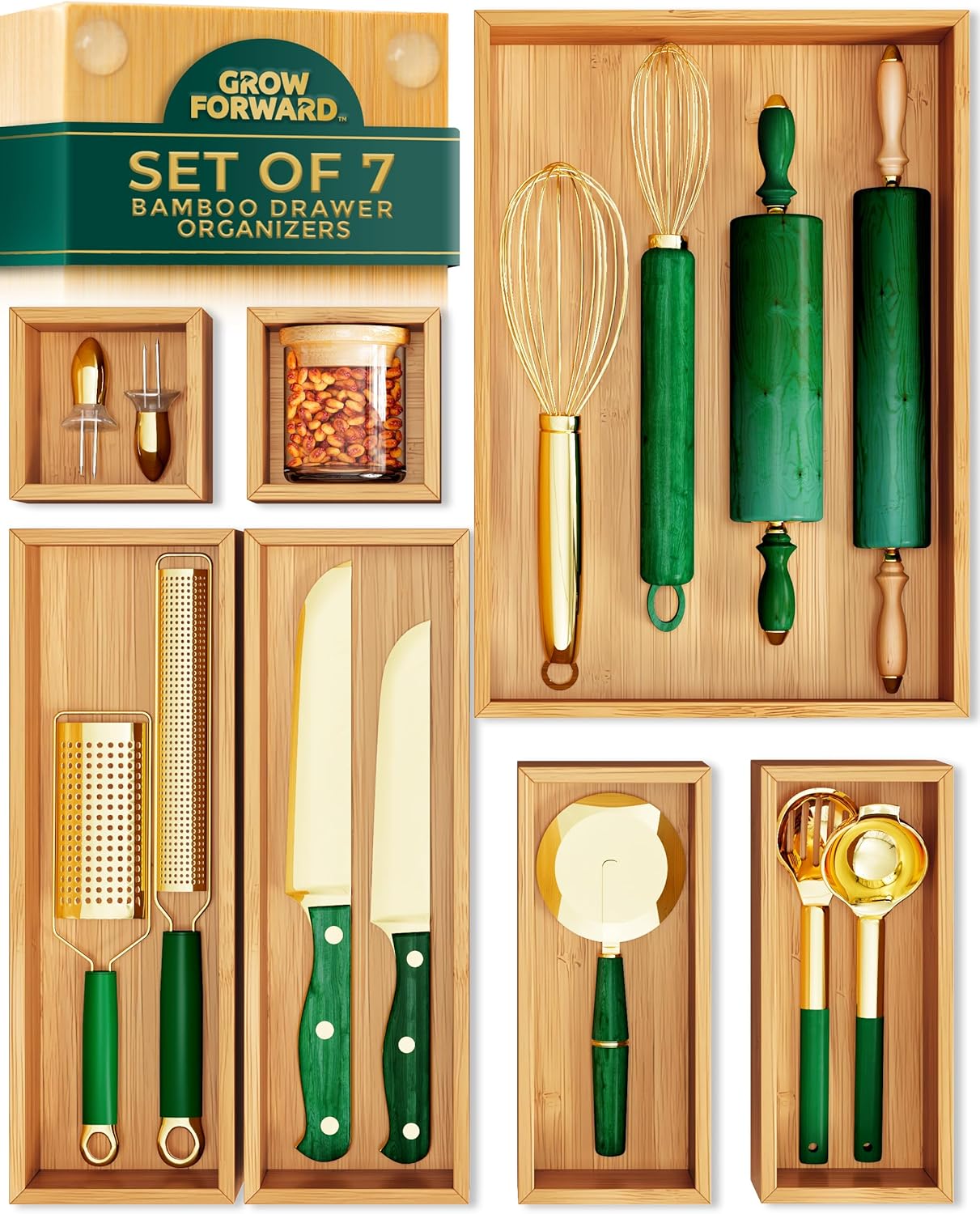 Grow Forward Bamboo Drawer Organizer Boxes - Set of 21 Wooden Drawer Organizers for Kitchen, Bathroom, Office, Desk, Vanity, Makeup - Non-Slip Junk Drawer Organizer Trays for Storage and Organization