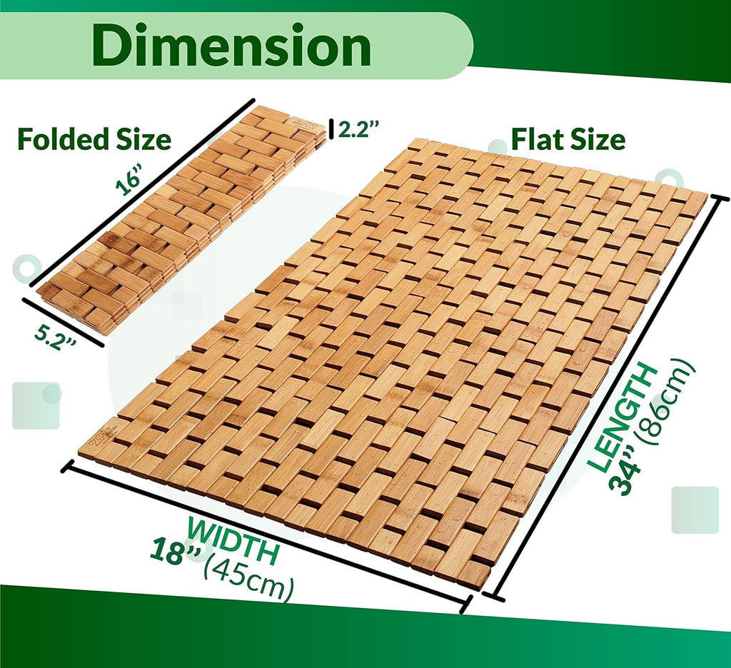 Bamboo Bath Mat for Bathroom - Large, 34 x 18 x 0.4 Inches [LxWxH] Foldable Wood Bathmat, Accessories and Decor for Bathroom Sauna Spa Tub and Door Area - Underlay for Rugs