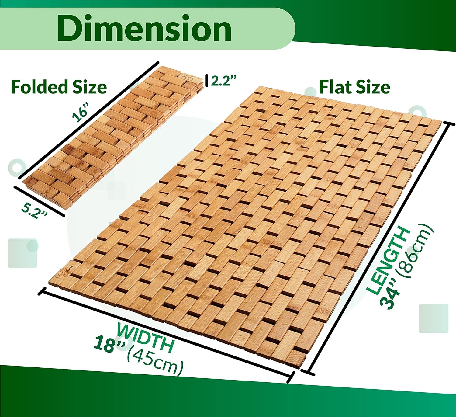 Bamboo Bath Mat for Bathroom - Large, 34 x 18 x 0.4 Inches [LxWxH] Foldable Wood Bathmat, Accessories and Decor for Bathroom Sauna Spa Tub and Door Area - Underlay for Rugs