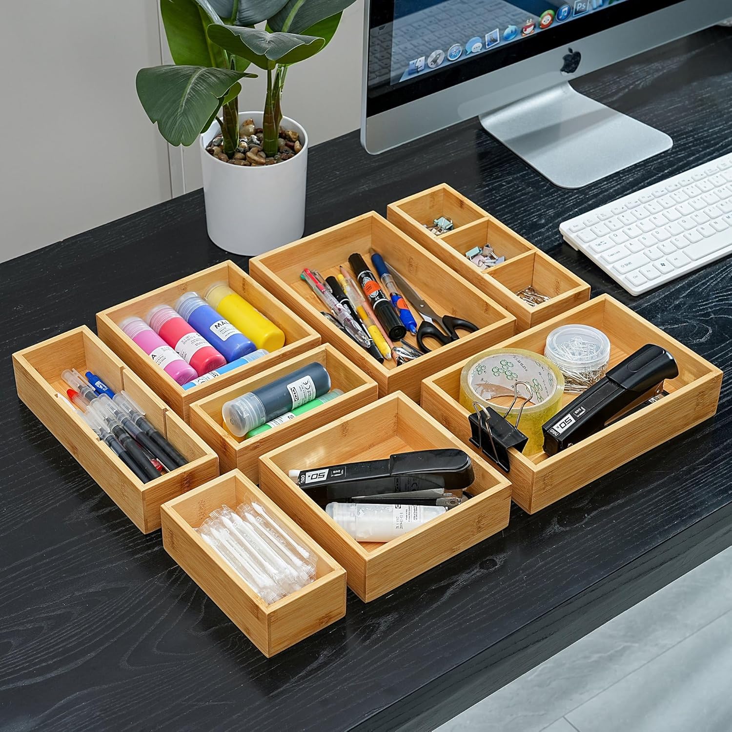 Fabsome Drawer Organizer, Set of 9 Bamboo Wood Kitchen Makeup Desk Junk Tea Drawer Storage Boxes Bins for Cutlery Silverware Utensils Flatware, Small Wooden Container Tray for Bathroom, Office