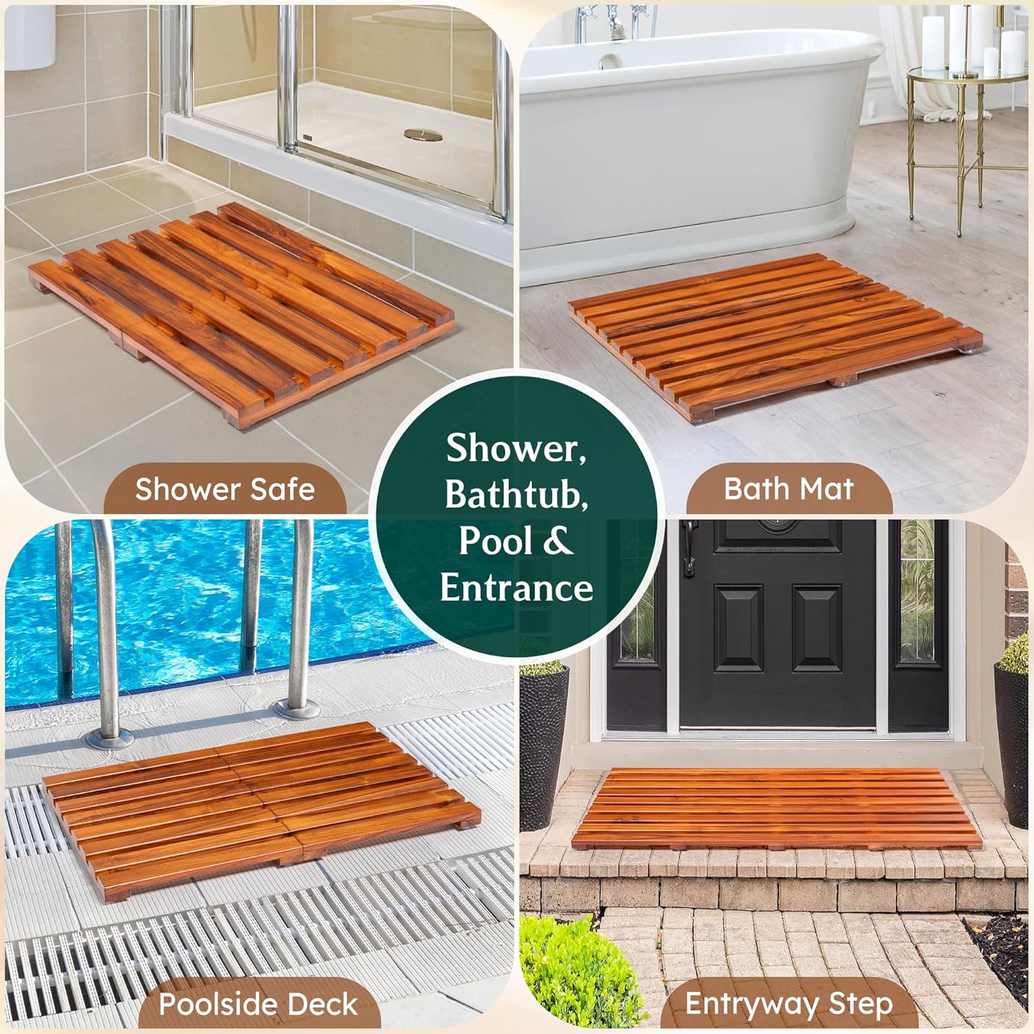 Realgulf Teak Bath Mat 32"x18" Extra Large - Solid Wood Shower Mat for Bathroom, Spa & Outdoor Use - Non-Slip Fast-Drying Design - Natural Teak Wood - Wide Slat Floor Mat for Tub & Pool