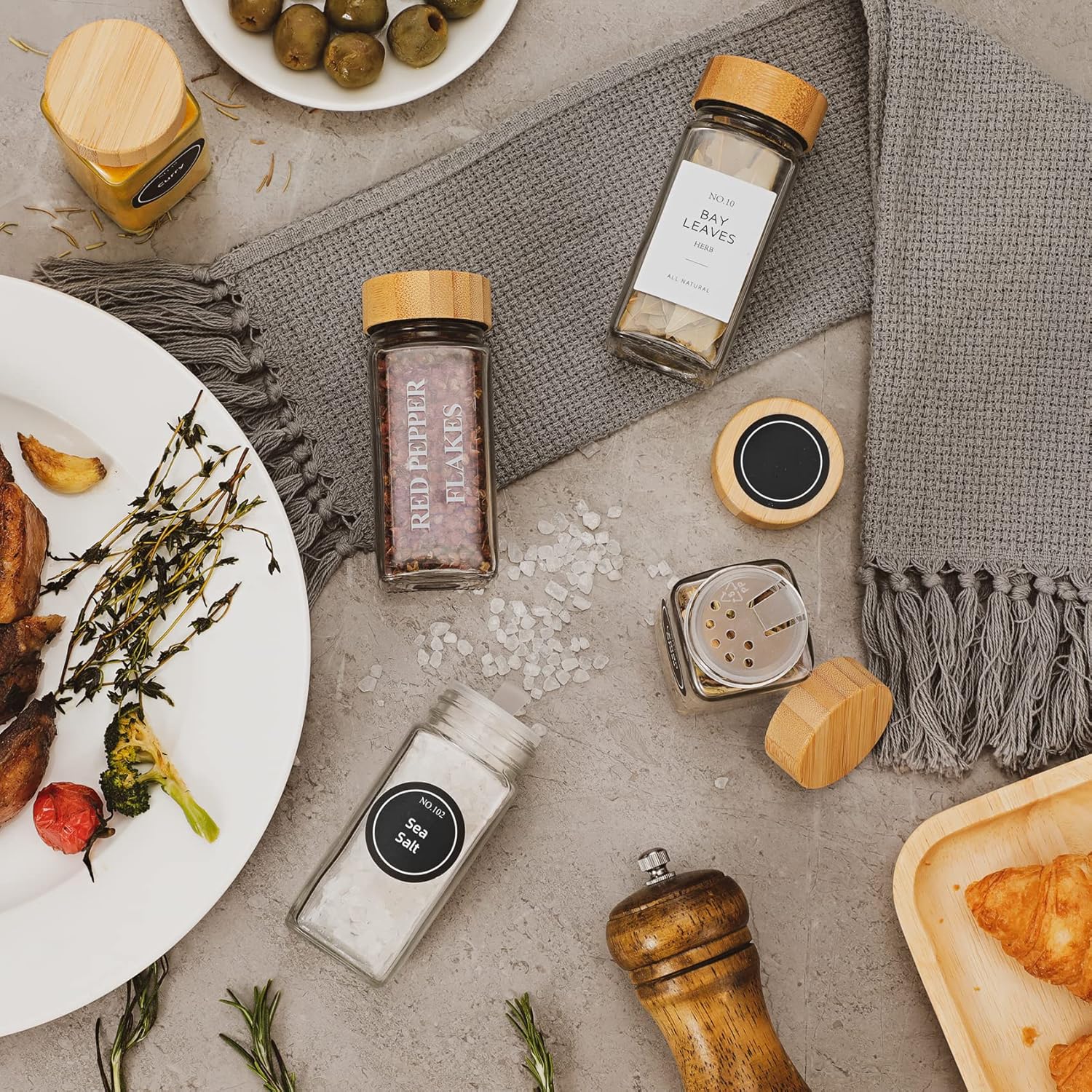 NETANY 24 Pcs Glass Spice Jars with Bamboo Lids, 4 oz Glass Jars with Minimalist Farmhouse Spice Labels Stickers, Collapsible Funnel, Seasoning Storage Bottles for Spice Rack, Cabinet, Drawer